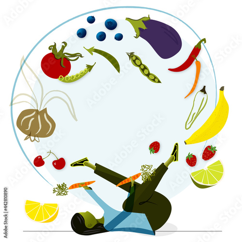 Woman juggling, balancing a healthy food diet. Health, wellness, healthy lifestyle, nutrition, diet, fruits and vegetables. Vector illustration in flat style. Concept illustration.
