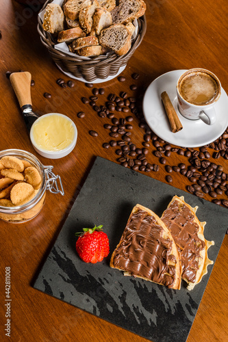 Delicious Chocolate Waffle Bakery Coffee Cinnamon Wooden Table Food High Res