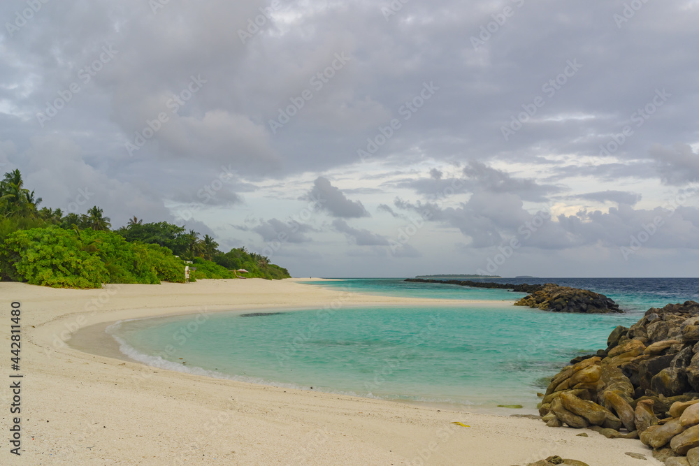 Snow-white and wet sand on the ocean, crystal clear water and bushes on the edge, a photo taken in the Maldives