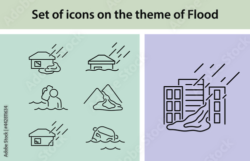 Set of icons on the theme of Flood, and the deluge, has icons of Rain, help, flooded city, Editable stroke, thin icons