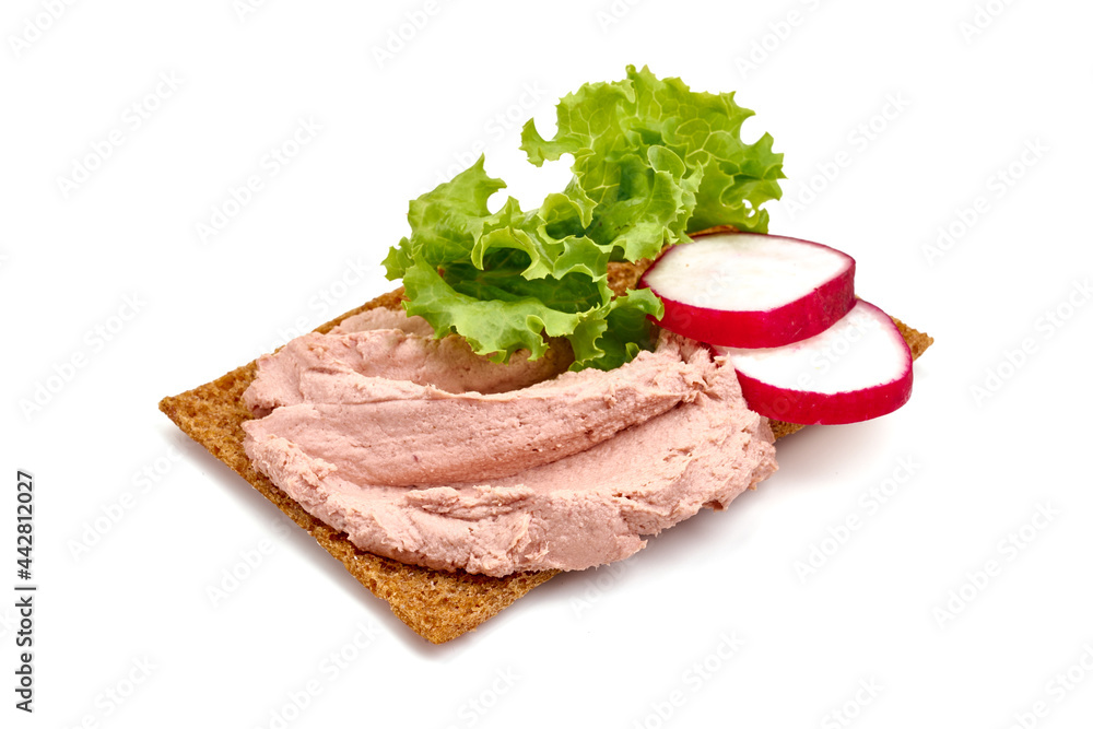 Liver pate sandwich, isolated on white background. High resolution image.