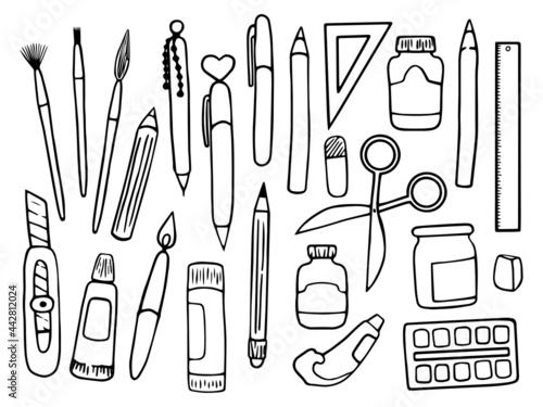 Vector set of stationery hand-drawn in the style of doodle. Various pens, pencils, brushes and tubes of paint, cans of paint, scissors, rulers, glue. School supplies