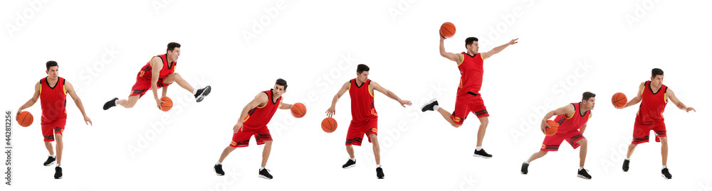 Professional sportsman playing basketball on white background, collage. Banner design Professional sportsman playing basketball on white background, collage. Banner design