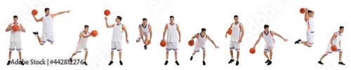 Professional sportsman playing basketball on white background, collage. Banner design © New Africa