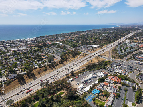 Aerial view of Encinitas with highway and ocean on the background in San Diego, South California, USA.  photo