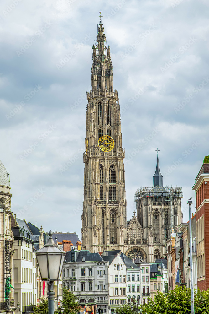 Fototapeta premium bottom view of the gothic Cathedral of Our Lady in Antwerp and the fountain against the sky on a gloomy day and at sunset
