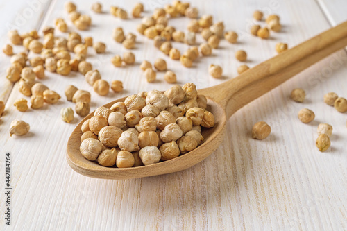 Dry chickpea beans in a large wooden spoon on a white wooden table. Raw ingredient for hummus and healthy vegetarian food. Legume as source of vegetable protein and fibers.