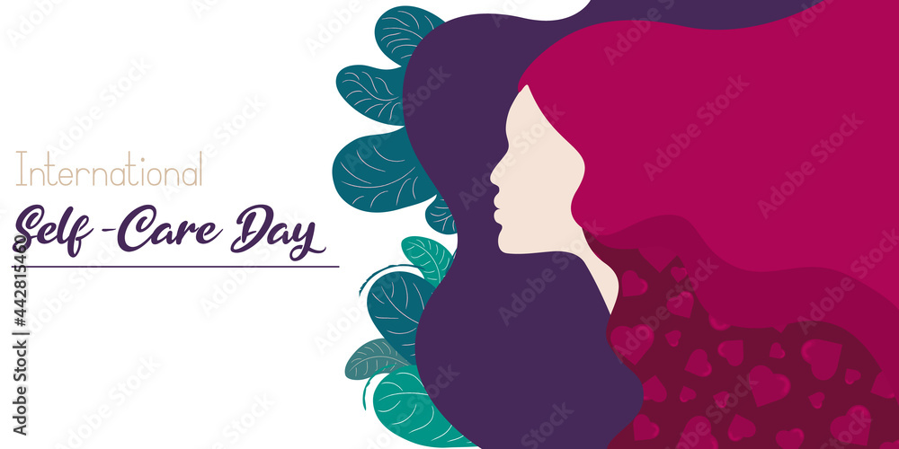 Silhouette of young woman. Horizontal banner with a profile of a girl with long hair. Illustration with hearts in hair and trendy leaves. International Self-care day. Love yourself. Silhouette of young woman. Horizontal banner with a profile of a girl with long hair. Illustration with hearts in hair and trendy leaves. International Self-care day. Love yourself.