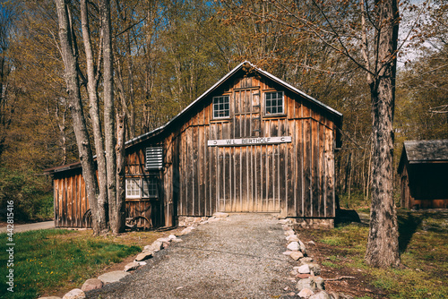 A wooden barn in the woods, Millbrook Village historic site, Delaware Water Gap, New Jersey