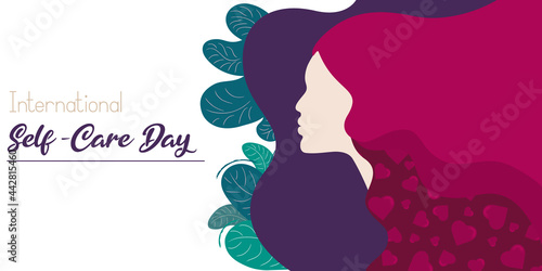Silhouette of young woman. Horizontal banner with a profile of a girl with long hair. Illustration with hearts in hair and trendy leaves. International Self-care day. Love yourself.