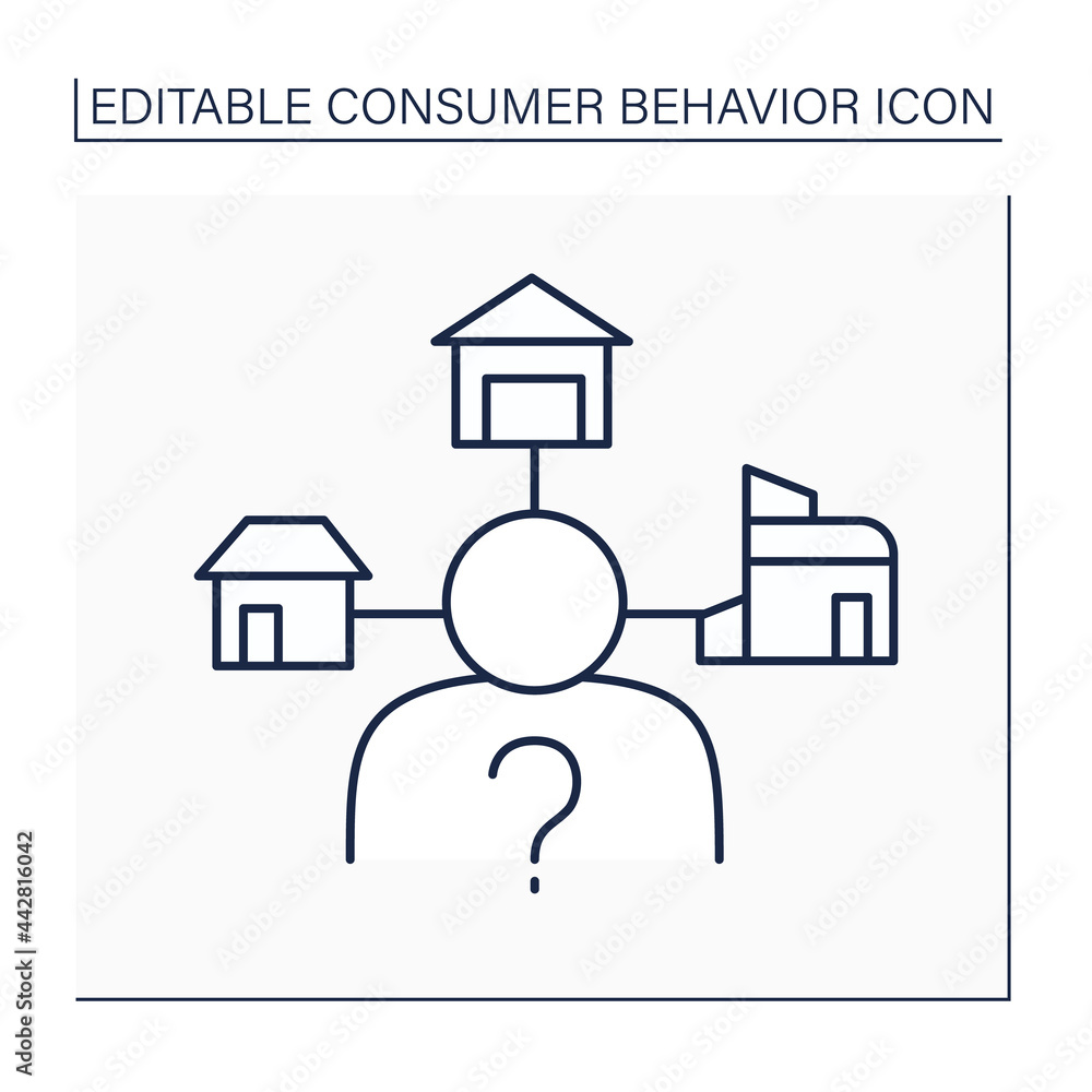 Extensive decision-making line icon. Buying decisions about big financial investment. House buying. Doubt. Consumer behavior concept. Isolated vector illustration. Editable stroke Extensive decision-making line icon. Buying decisions about big financial investment. House buying. Doubt. Consumer behavior concept. Isolated vector illustration. Editable stroke