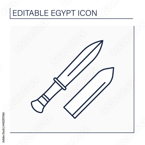 Gold dagger line icon. Knife entombed alongside mummy of Egyptian pharaoh. Tutankhamun dagger. Egypt concept. Isolated vector illustration. Editable stroke