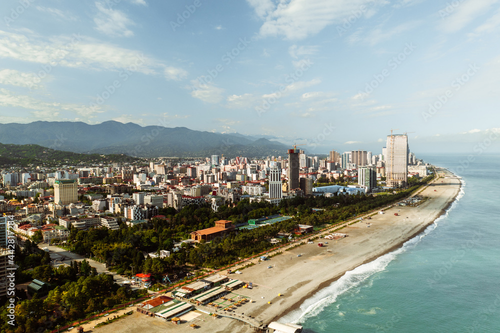 Batumi, Adjara city in Georgia the country. Aerial view of the buildings, mountains and sea.