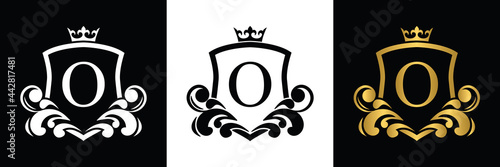 Golden Letter O template logo Luxury shield letter with crown. Monogram alphabet . Beautiful royal initials letter.