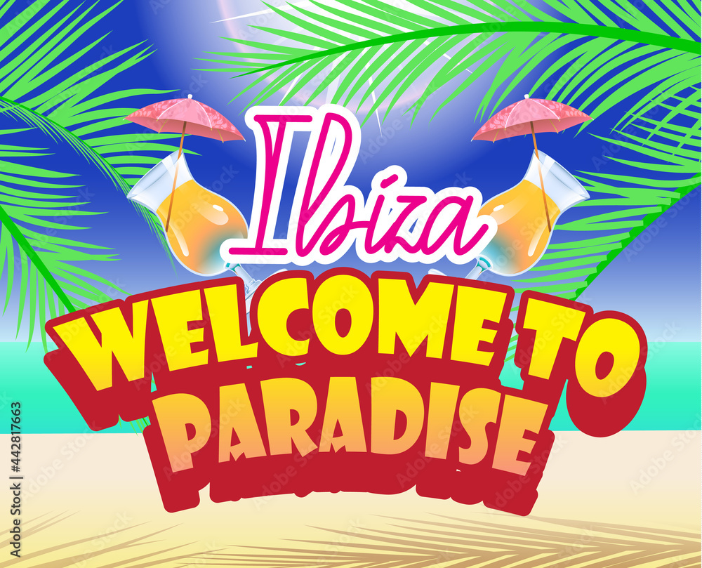 Ibiza vibes. Summer poster with cartoon style bikini girl and decorate text. Use it for print or web party, web site or package design.