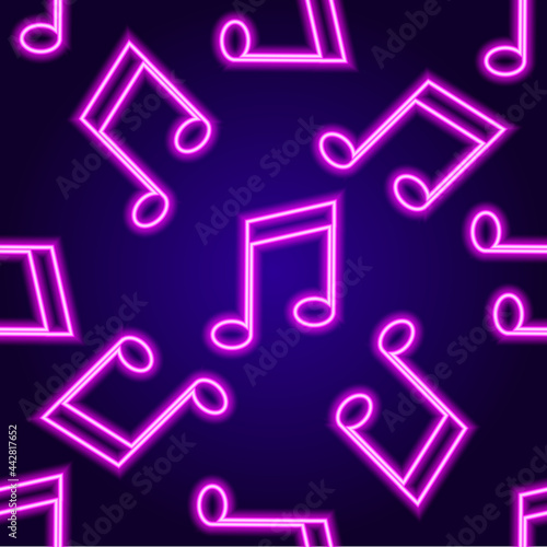 Vector neon signboard pattern of musical tone, pink color on a dark background. Vector seamless pattern of neon glowing outline notes of lilac color music symbol on a dark blue background for a design