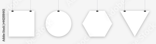 White hanging paper geometric shape template set. Poster paper sheet mockup with rope and clip. Square, Circle, Triangle, Polygon hexagon frames. Blank paper collection. Vector illustration.