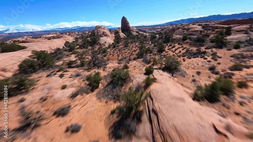 Slickrock moab utah arial shot dry desert rock structures sunny landscape photo