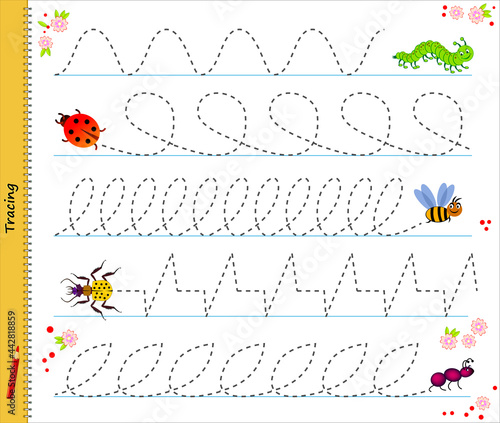 Educational page for little children. Draw the paths after the insects. Trace lines. Developing writing skills. Printable worksheet with exercise for kids school textbook. Vector illustration.