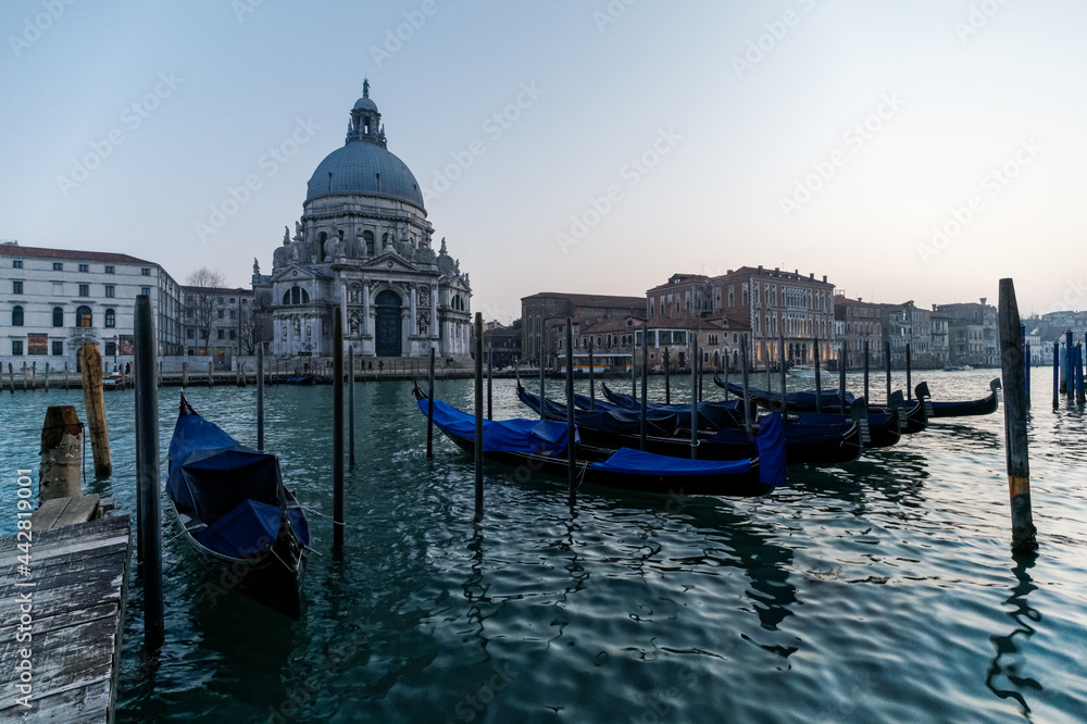 Venetian gondola at sunset, gondolas moored in Venice with Santa Maria della Salute basilica in the background, Italy