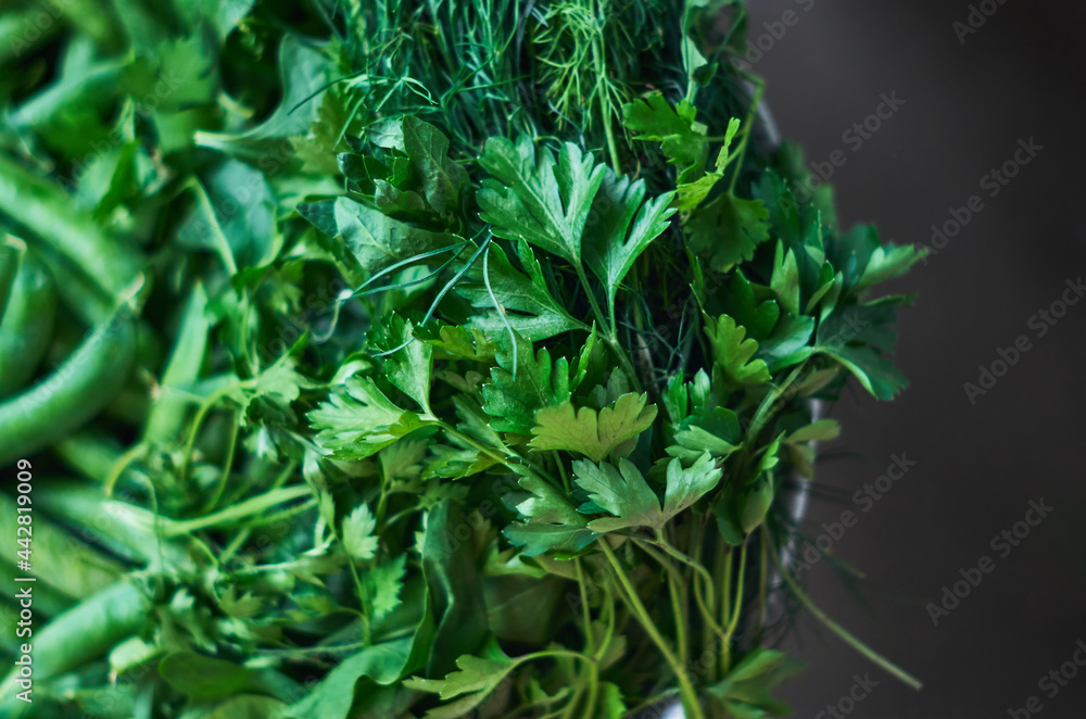 Fresh herbs and spices fresh cuts for cooking in a bowl. Green peas, dill, and parsley close up Fresh herbs and spices fresh cuts for cooking in a bowl. Green peas, dill, and parsley close up