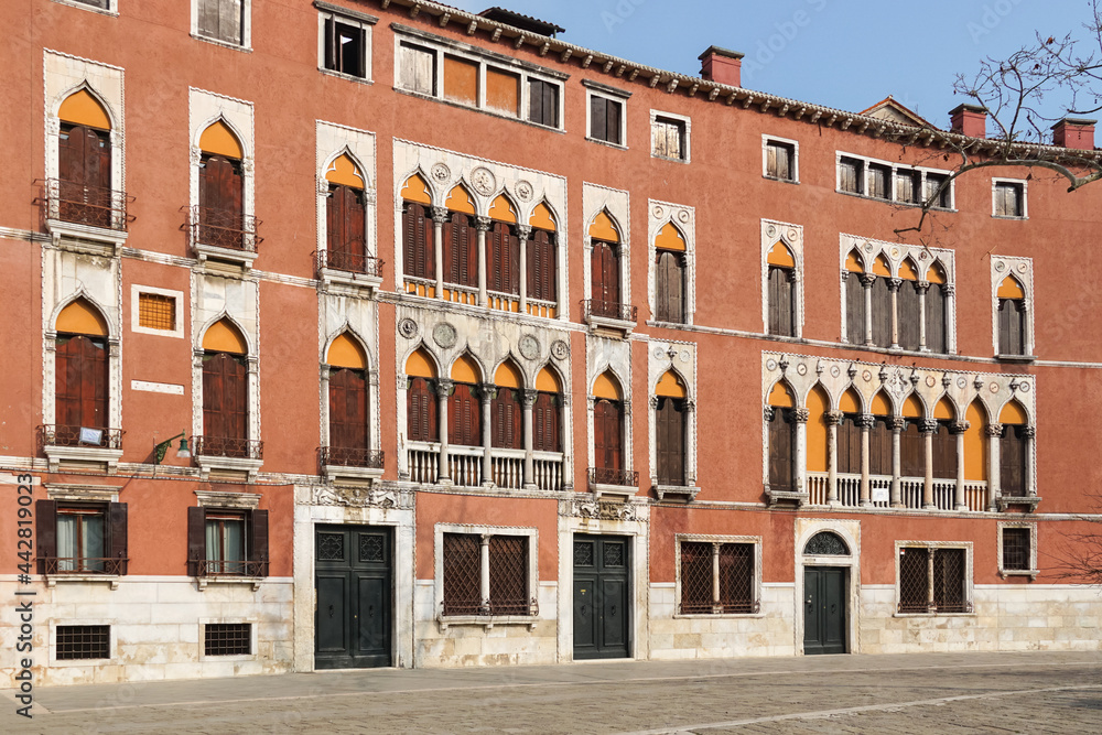 Traditional Venetian buildings on Campo San Polo square in Venice, Italy