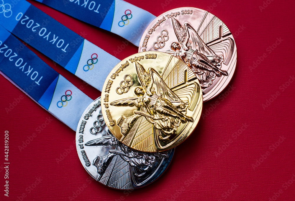 April 25, 2021 Tokyo, Japan. Gold, silver and bronze medals of the