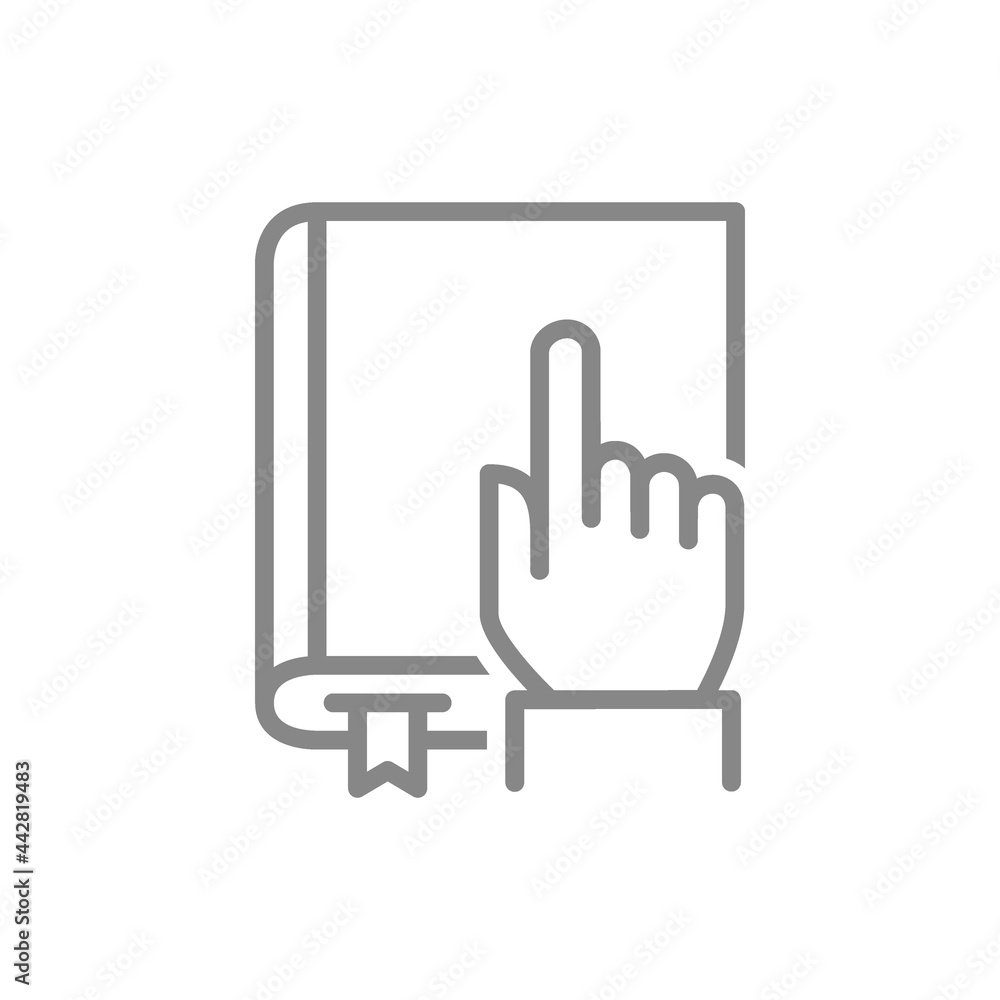 Hand touches a book line icon. Reading book, online library symbol Hand touches a book line icon. Reading book, online library symbol