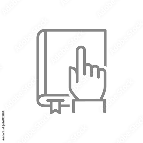 Hand touches a book line icon. Reading book, online library symbol