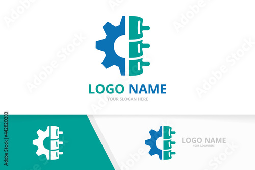 Vector spine and gear logo combination. Factory vertebral column logotype design template.