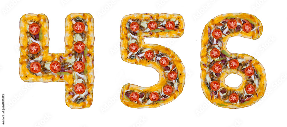 The numbers 4, 5, 6 are made of pizza The numbers 4, 5, 6 are made of pizza