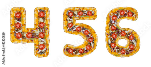 The numbers 4, 5, 6 are made of pizza