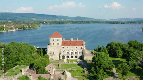 Aerial view of the Tata Castle, in Hungary at the Öreg Tó (Old Lake). Occupied by Sigismund of Luxembourg (r. 1433–1437) and Mátyás Hunyadi (r. 1458–1490) as the summer resort and favored residence.