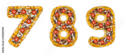The numbers 7, 8, 9 are made of pizza