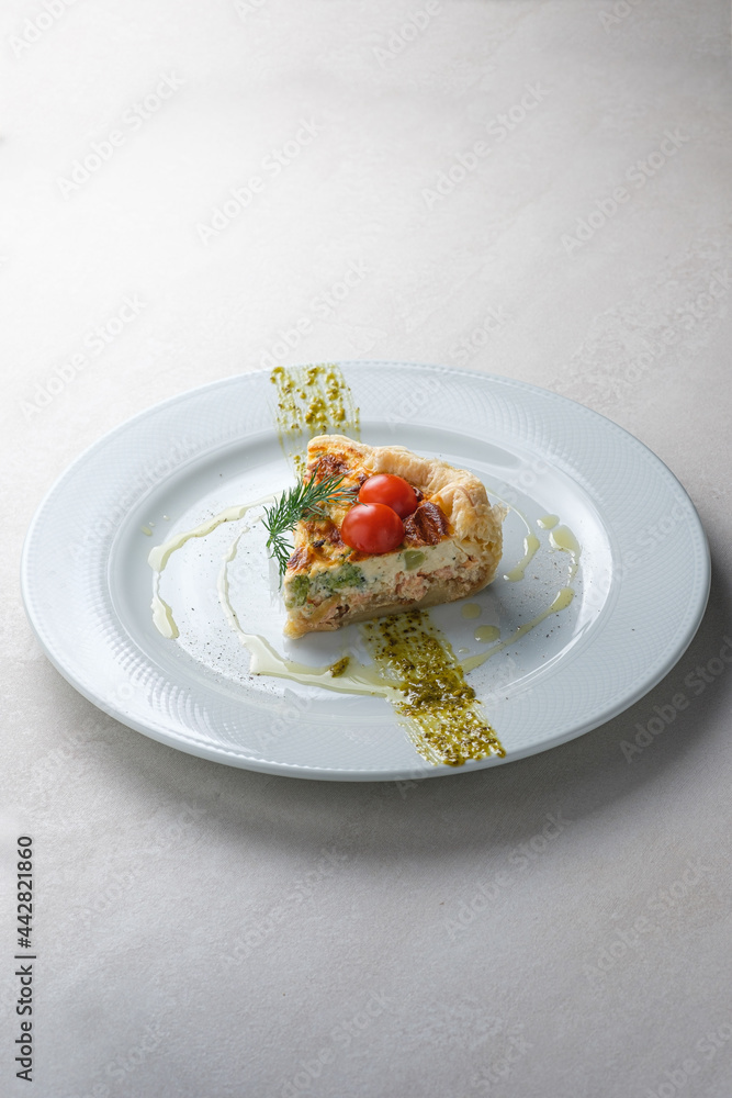 Menu for the restaurant: quiche with salmon. Menu for the restaurant: quiche with salmon.