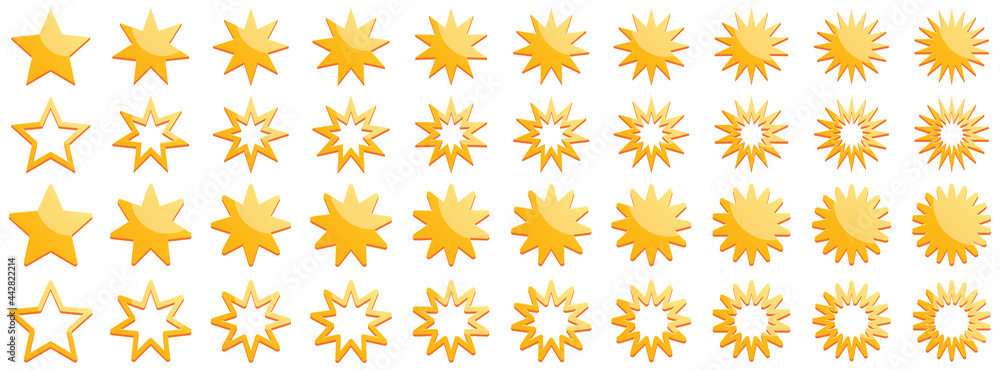 Forty stars. Set of 40 stars. Yellow five stars on a white background. Shiny star for applications and websites. Forty stars. Set of 40 stars. Yellow five stars on a white background. Shiny star for applications and websites.