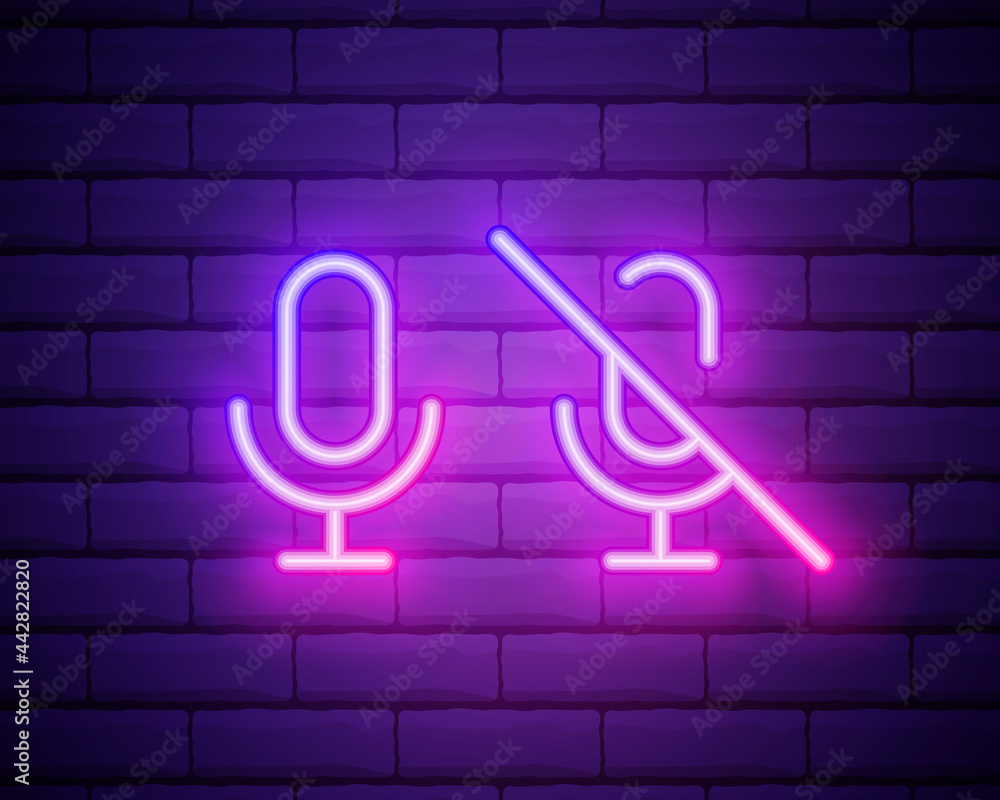 Microphone neon icon. Mic on brick wall background. Studio record concept. Vector illustration can be used for neon signs, billboards, radio stations, broadcasting Microphone neon icon. Mic on brick wall background. Studio record concept. Vector illustration can be used for neon signs, billboards, radio stations, broadcasting