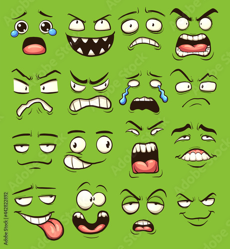 Cartoon faces with different expressions over a green background. Vector clip art illustration with simple gradients. Each on a separate layer.

