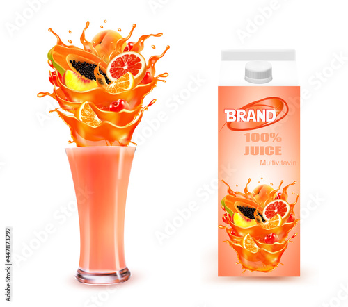 Sweet exotic juice splash. Whole and sliced papaya, cherry, peach, grapefruit and orange in a sweet juce or cocktail with splashes.  Design template. Vector