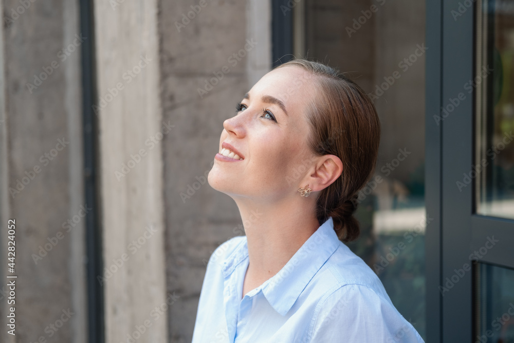 happy confident business woman, dream, sit in city happy confident business woman, dream, sit in city