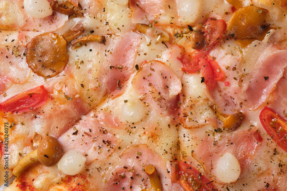 Pizza with tomatoes, bacon, pickled onions, honey mushrooms, mozzarella cheese, spices and tomato sauce. A closeup of a pizza. Pizza with tomatoes, bacon, pickled onions, honey mushrooms, mozzarella cheese, spices and tomato sauce. A closeup of a pizza.