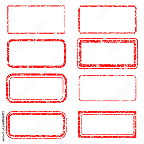 Set of red rectangle grunge post stamps. Vector frames. Isolate red distress textures. Dirty design elements for borders, emblems, badges, labels, banners, insignias, logos and abstract background