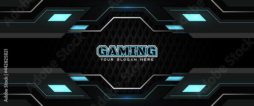 Futuristic black and blue gaming banner design template with metal technology concept. Vector illustration for business corporate promotion, game header social media, live streaming background