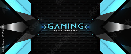Futuristic black and blue gaming banner design template with metal technology concept. Vector illustration for business corporate promotion, game header social media, live streaming background