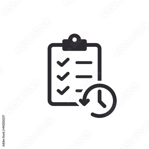 Tasks history. Document history. Clipboard icon. Task done. Project completed. Check Mark sign. Worksheet. Survey. History icon. History line. Vector timer. Countdown icon. Document. Extra options.