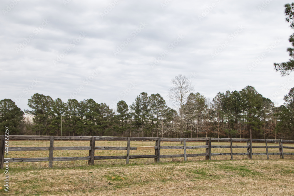 A brown wooden wire fence and nature scene in rural Georgia A brown wooden wire fence and nature scene in rural Georgia