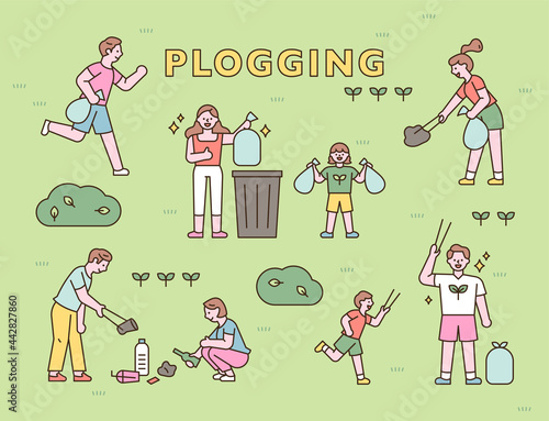 People are picking up trash in the park. flat design style minimal vector illustration.