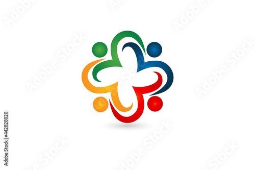 Logo teamwork unity diversity love heart people in a hug voluntary , charity , non profit , collaboration concepts vector image graphic illustration design template