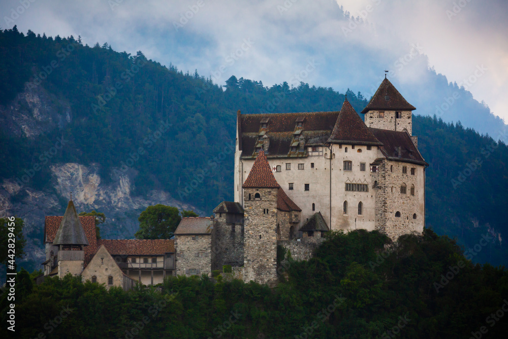 Picturesque summer landscape with Gutenberg Castle, important historic preserved castle located in town of Balzers, Principality of Liechtenstein