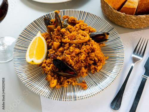 Plate of traditional spaish dish seafood paella photo
